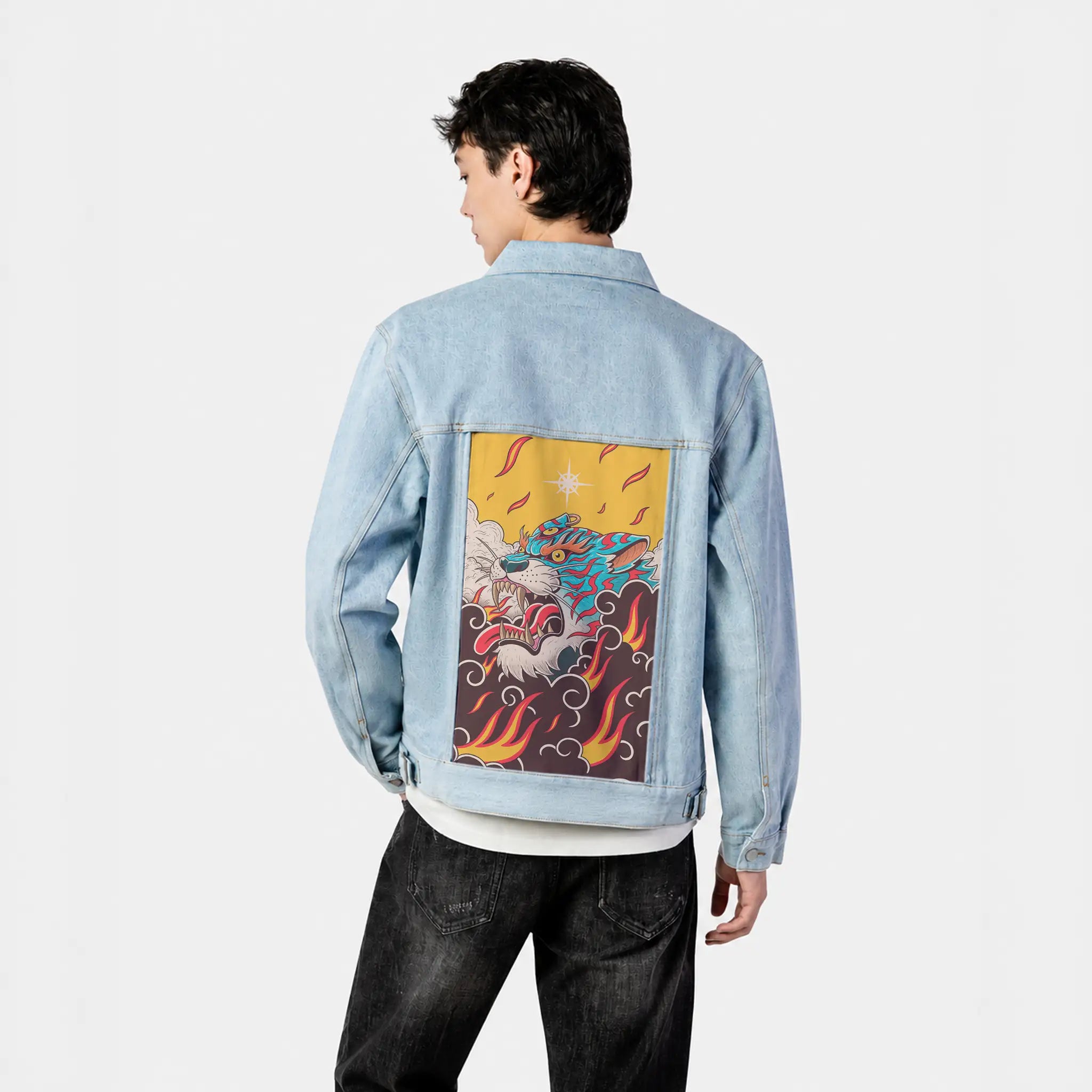 fierytiger patch on male og denim jacket in oceanside
