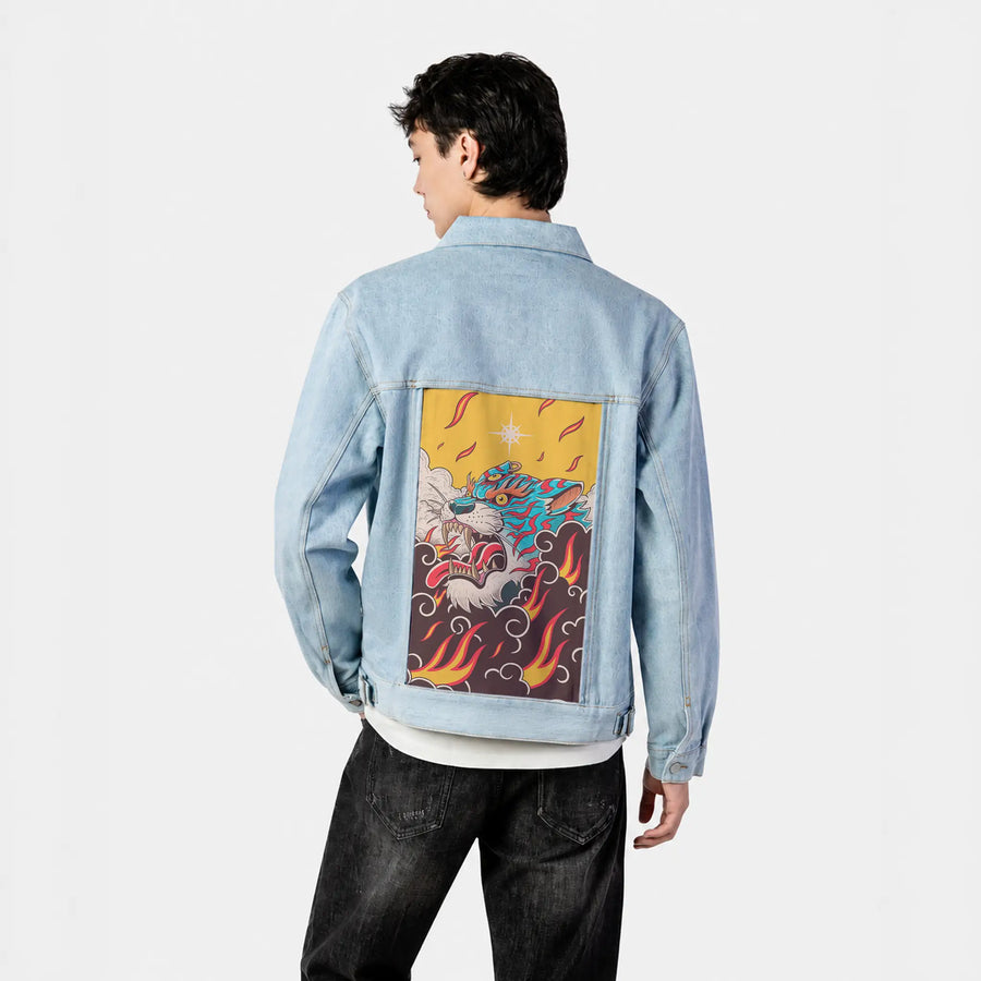fierytiger patch on male og denim jacket in oceanside