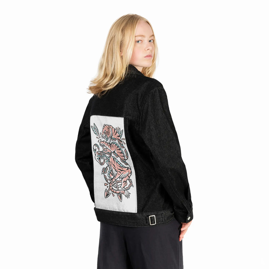 fightclub patch on female og denim jacket in raven