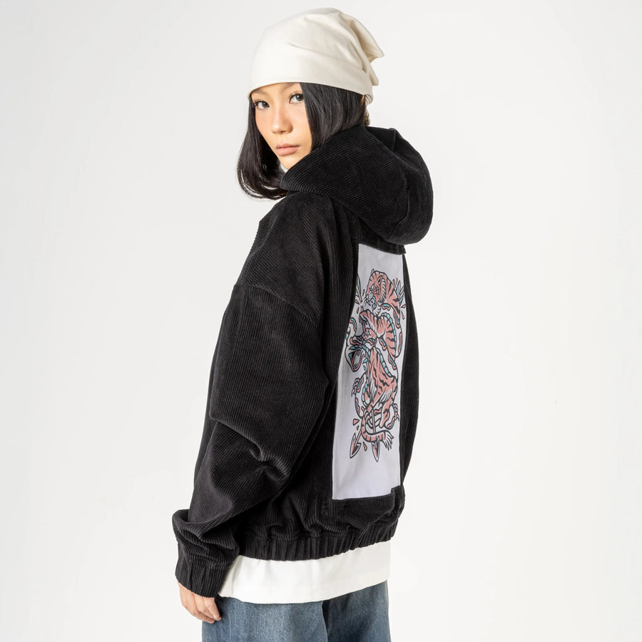 fightclub patch on female retro cord hoodie in onyx