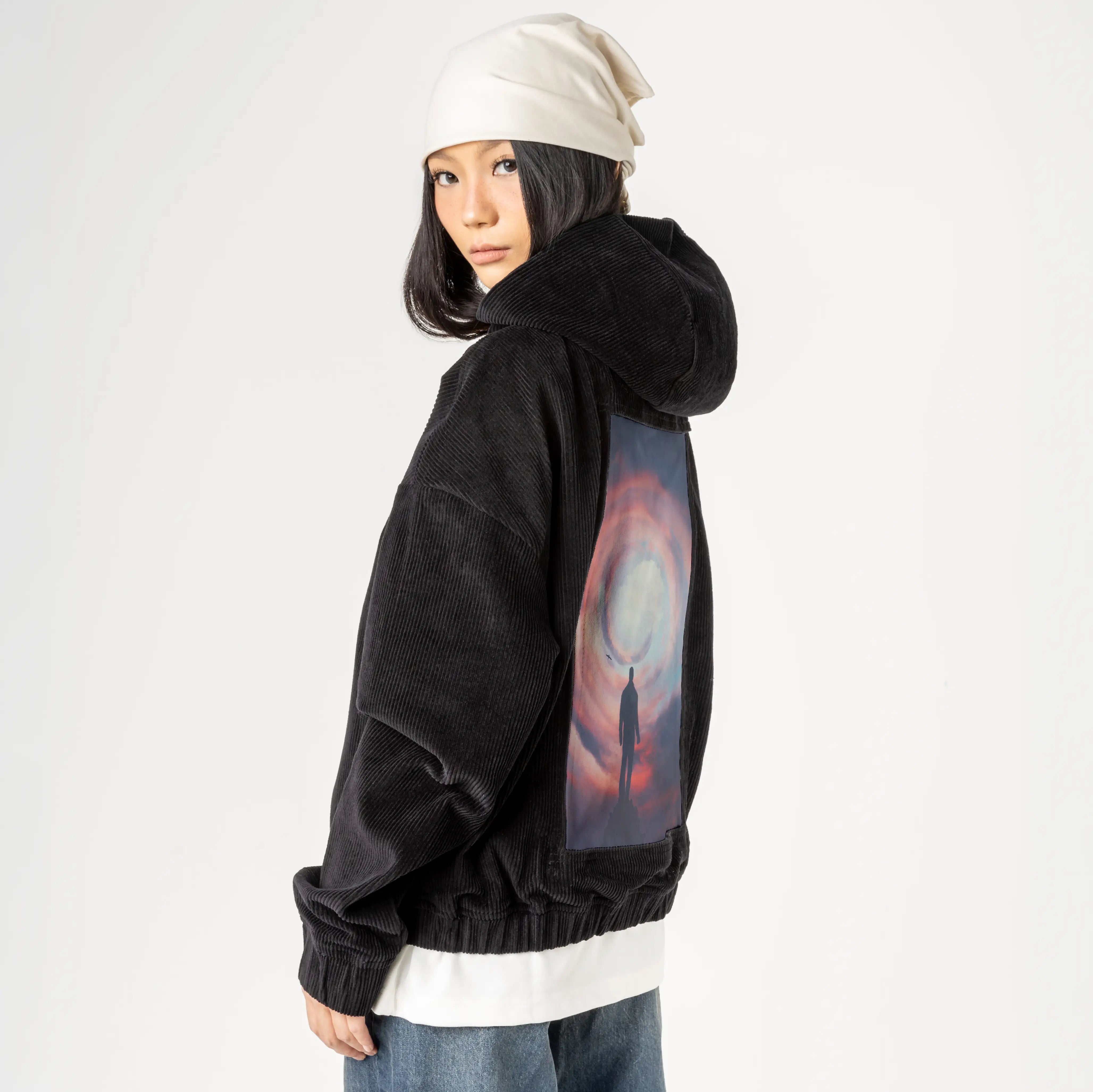 finaldays patch on female retro cord hoodie in onyx