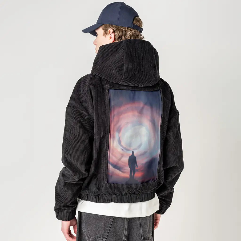 finaldays patch on male retro cord hoodie in onyx