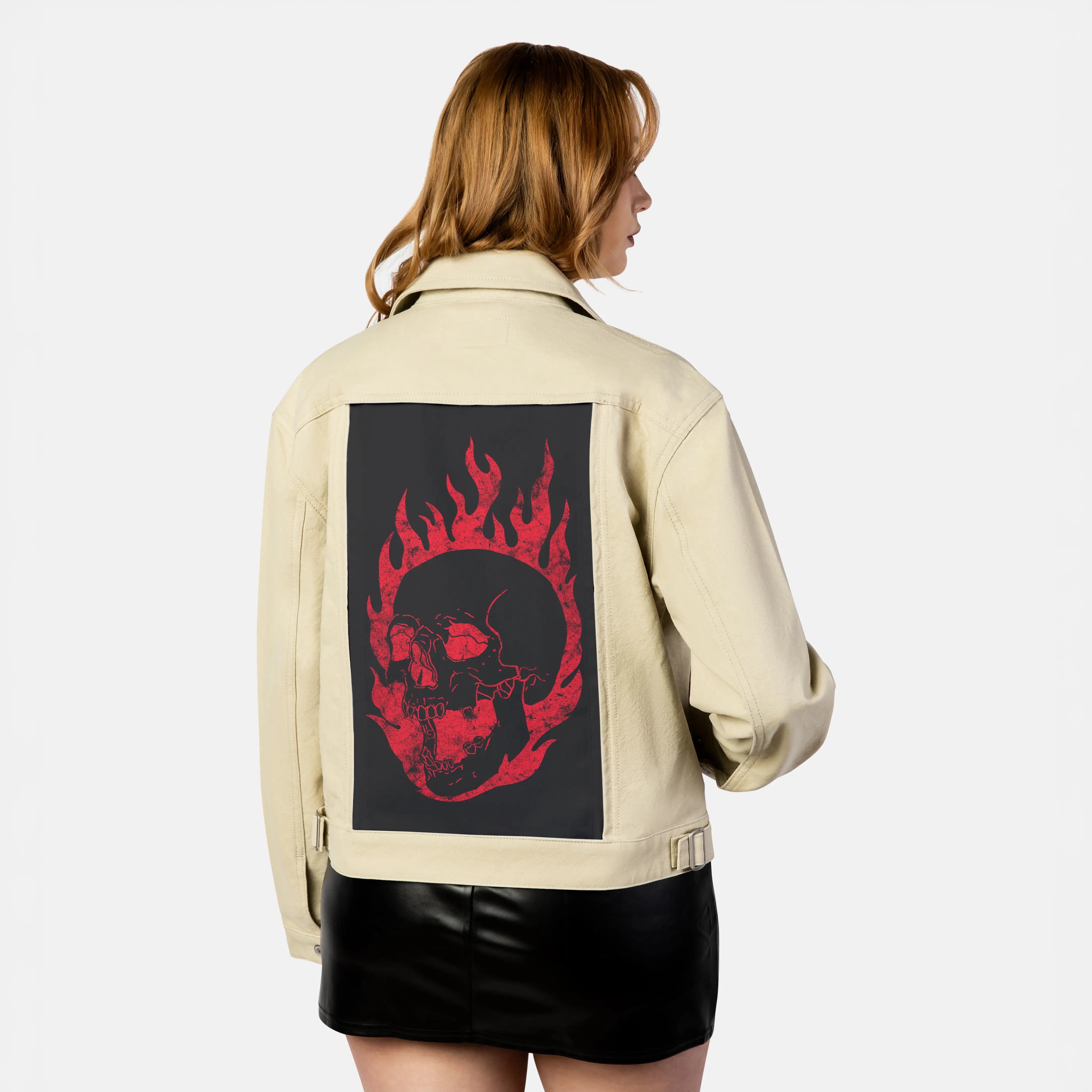 flamesofdeath patch on female atelier canvas jacket in tan