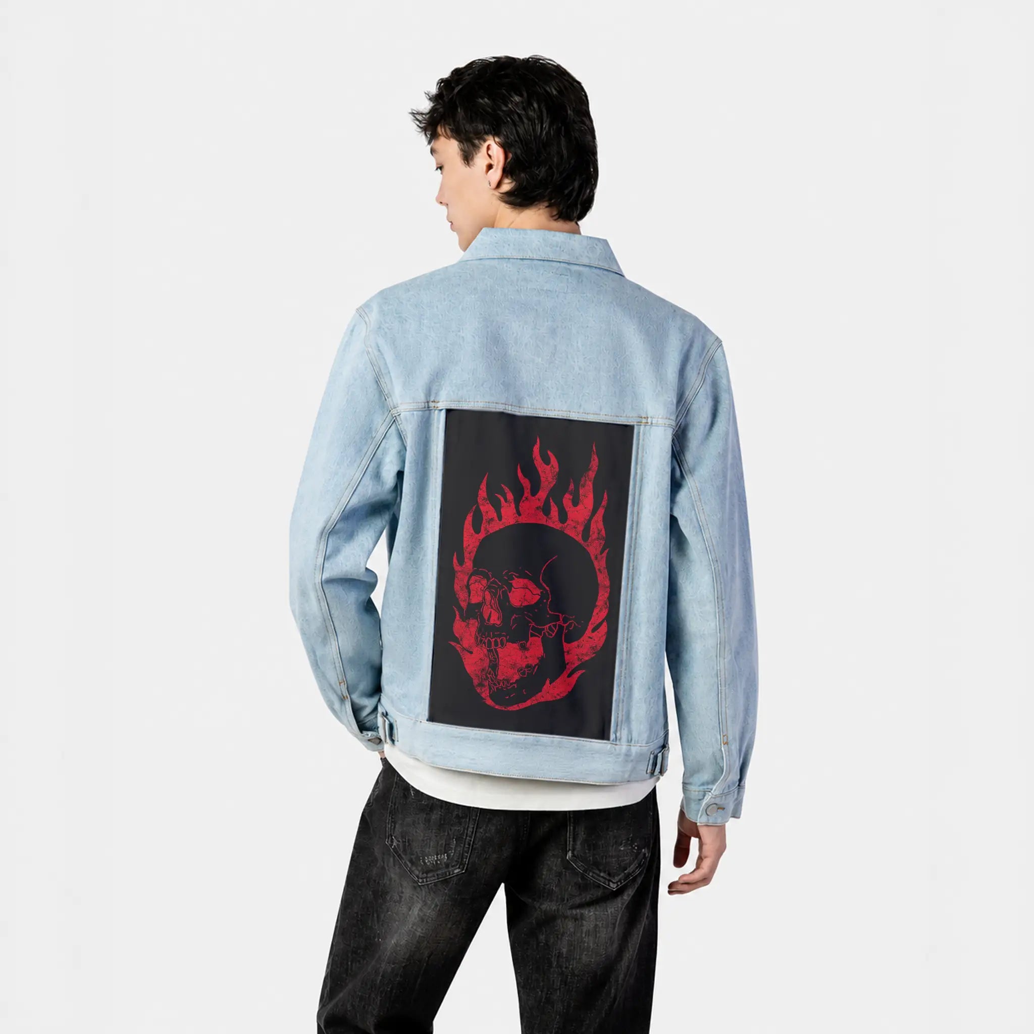flamesofdeath patch on male og denim jacket in oceanside