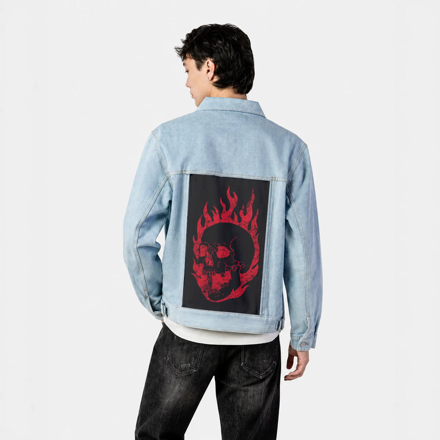 flamesofdeath patch on male og denim jacket in oceanside