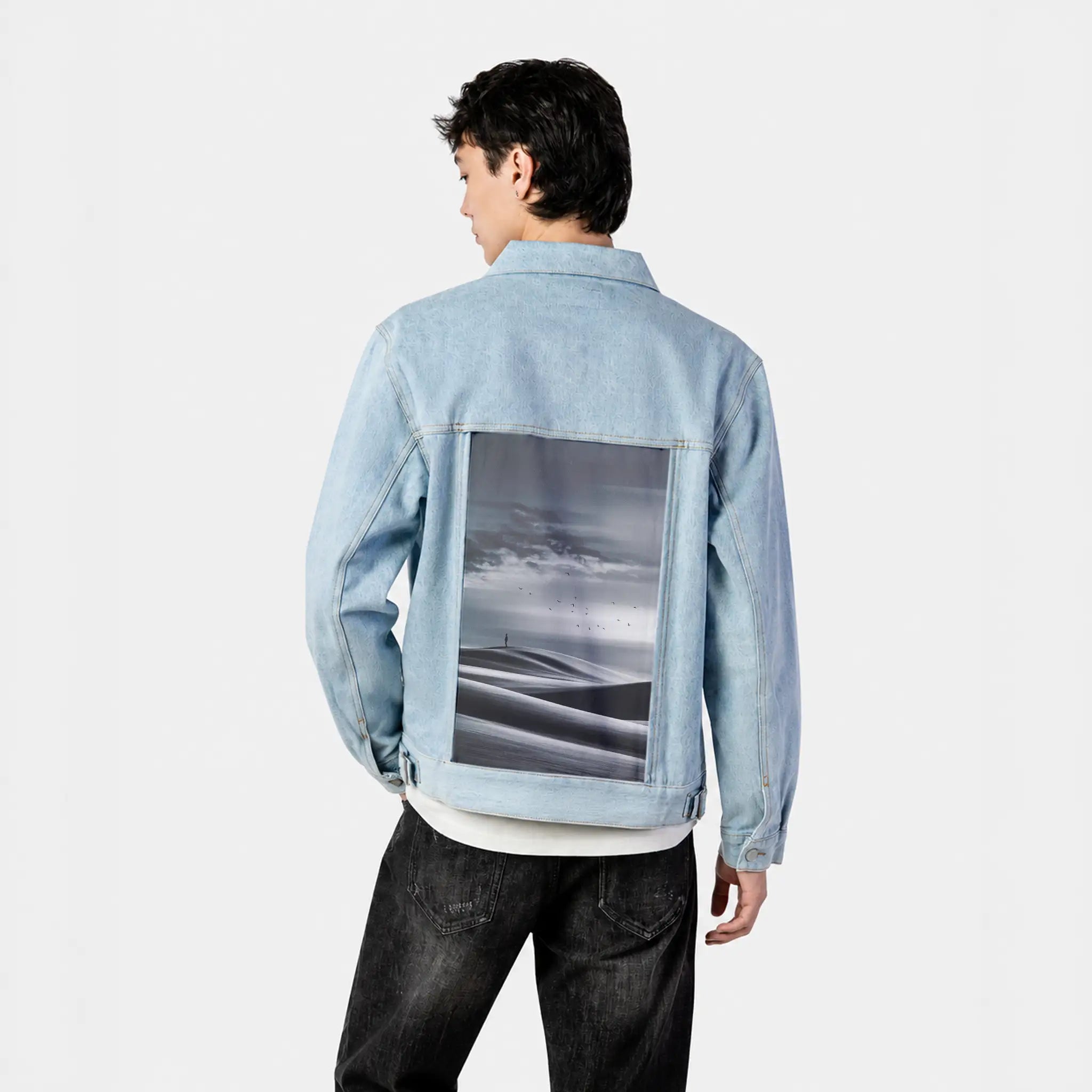 floating patch on male og denim jacket in oceanside
