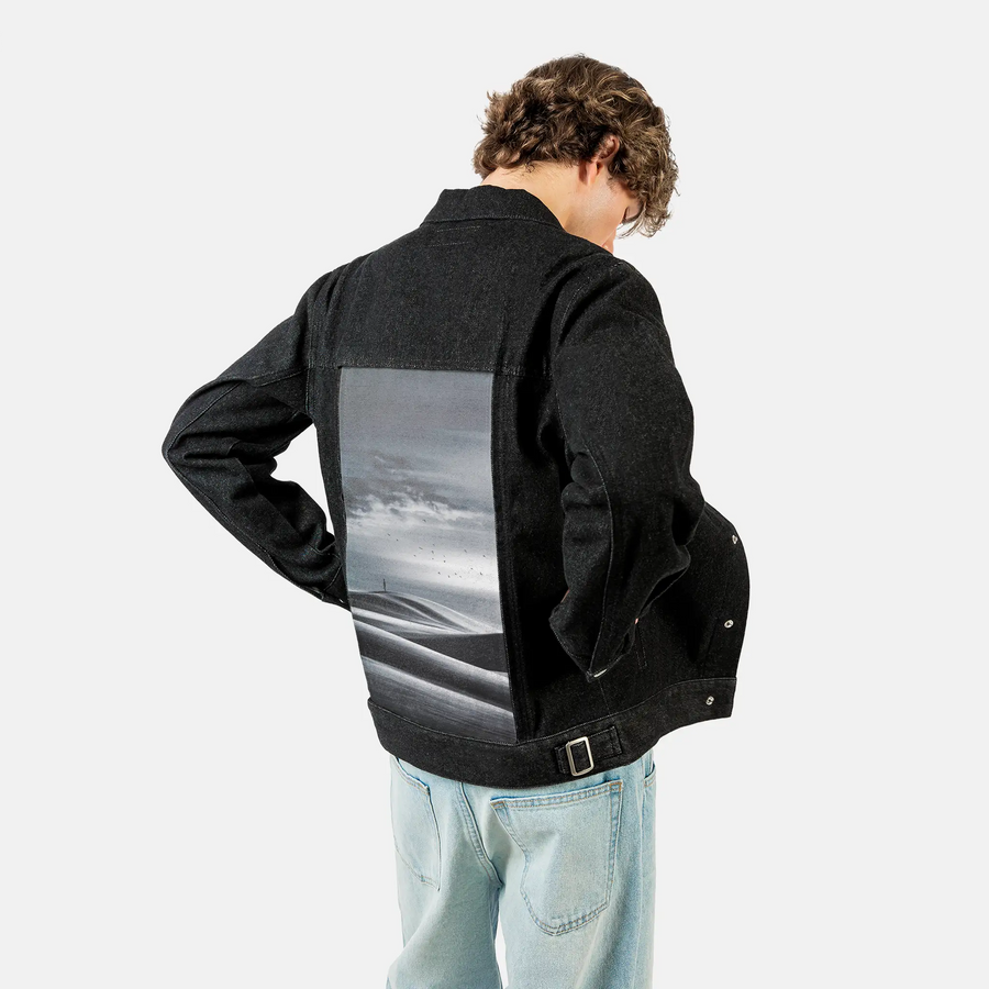 floating patch on male og denim jacket in raven