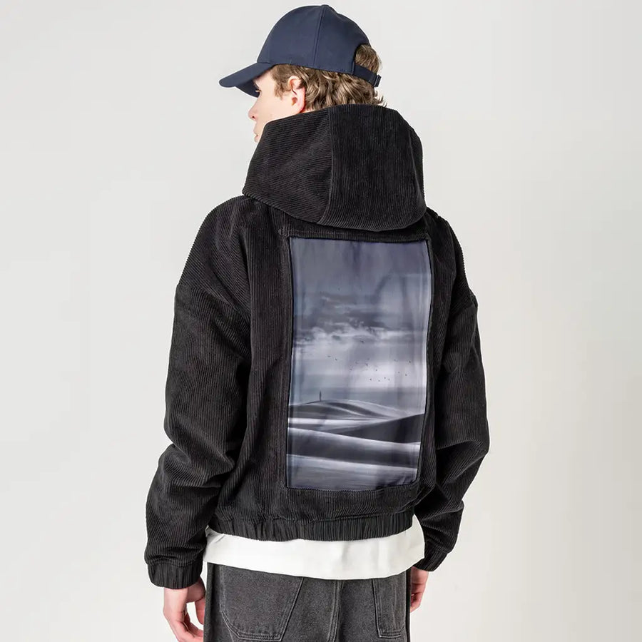 floating patch on male retro cord hoodie in onyx