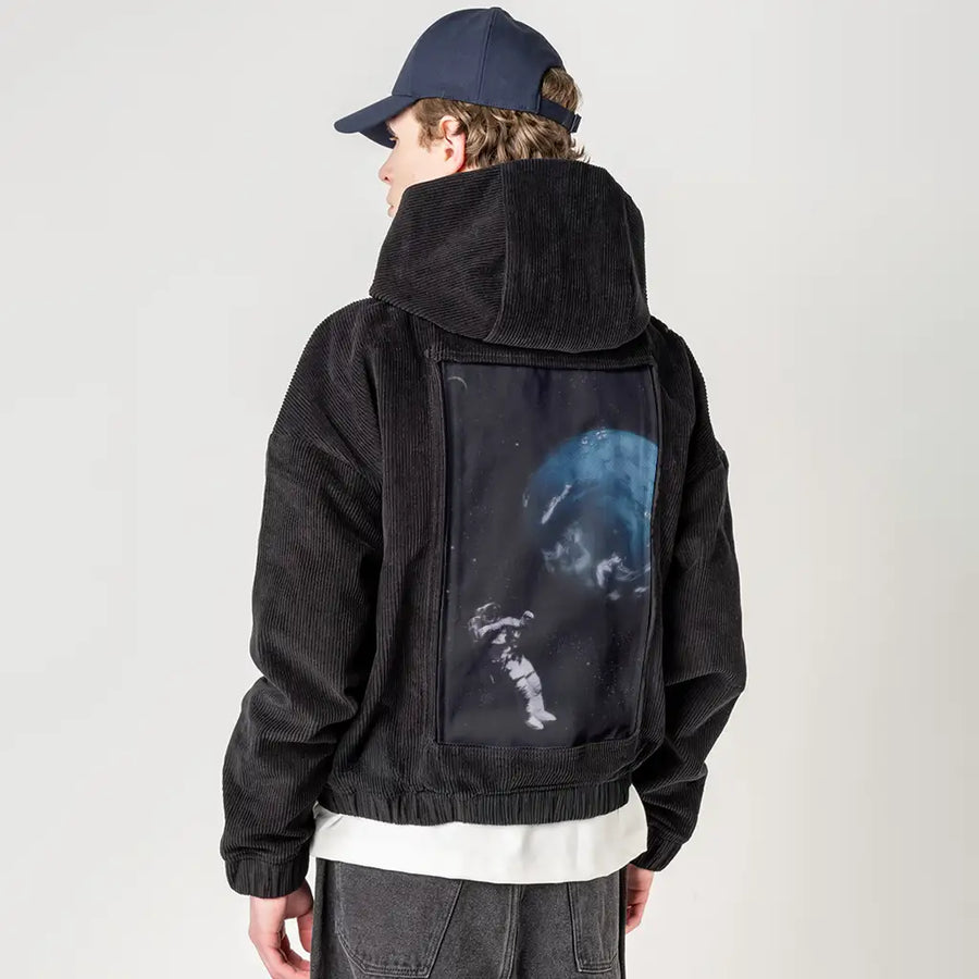 floatingastronaut patch on male retro cord hoodie in onyx