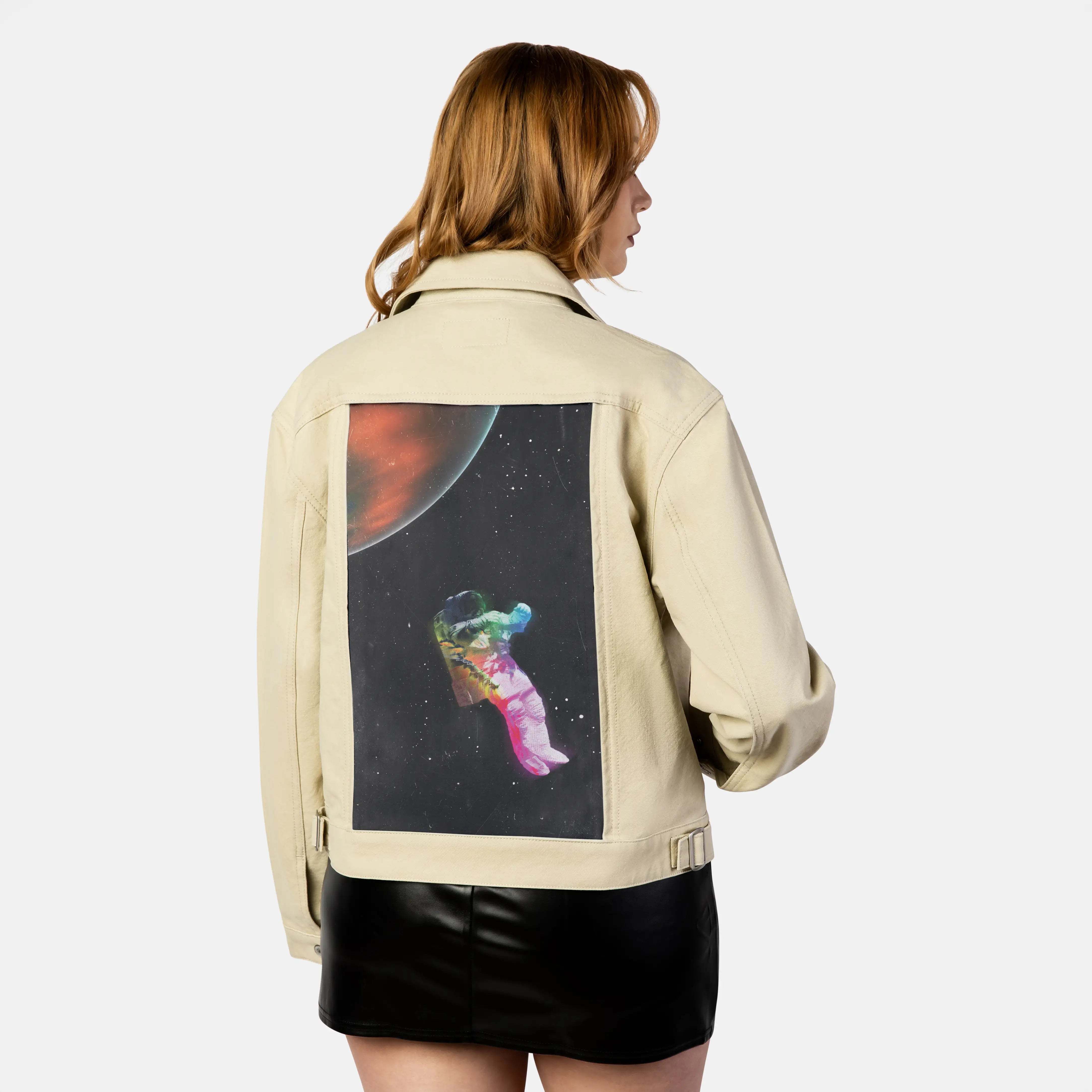 floatinginspace patch on female atelier canvas jacket in tan
