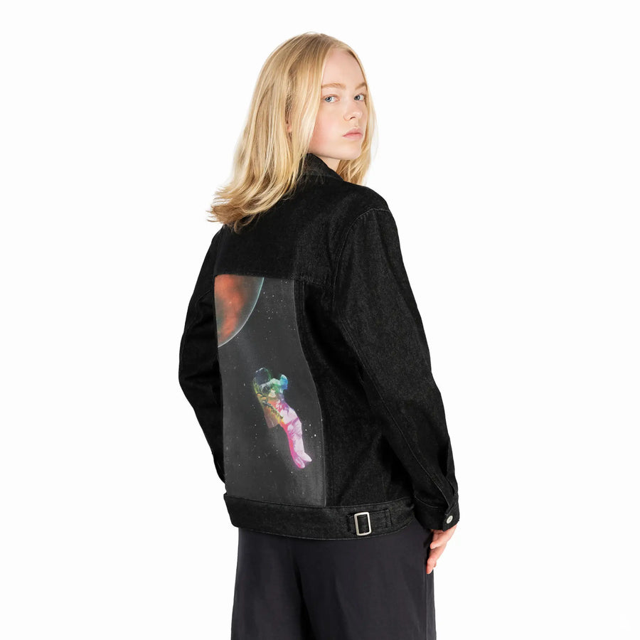 floatinginspace patch on female og denim jacket in raven