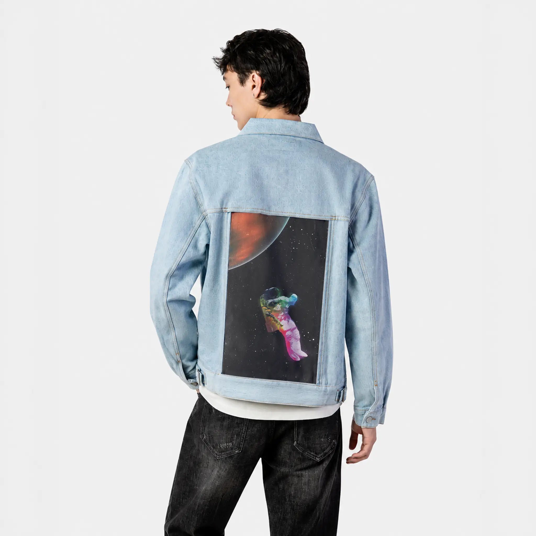 floatinginspace patch on male og denim jacket in oceanside