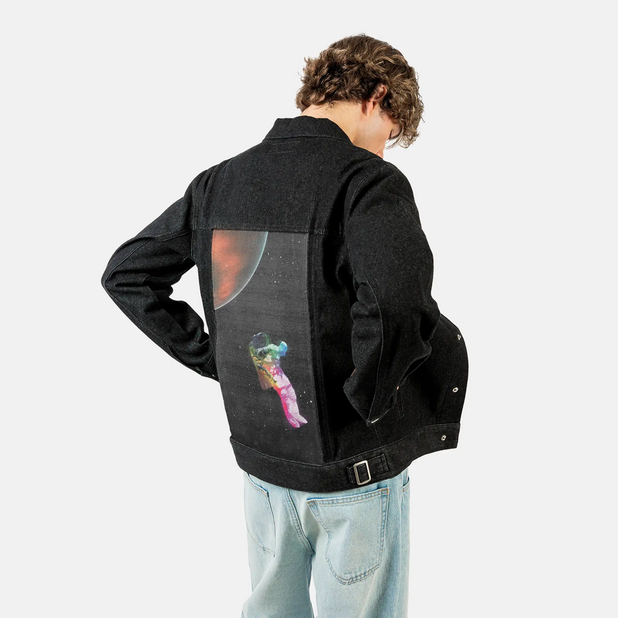 floatinginspace patch on male og denim jacket in raven