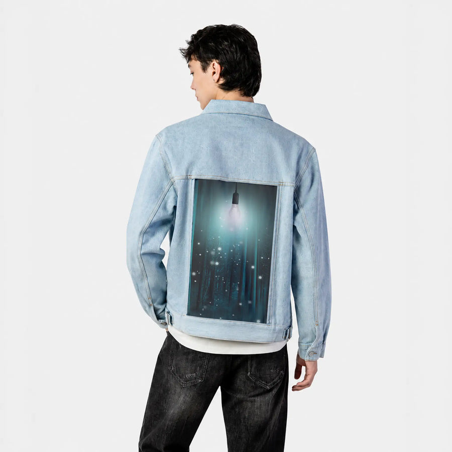 floatinglight patch on male og denim jacket in oceanside