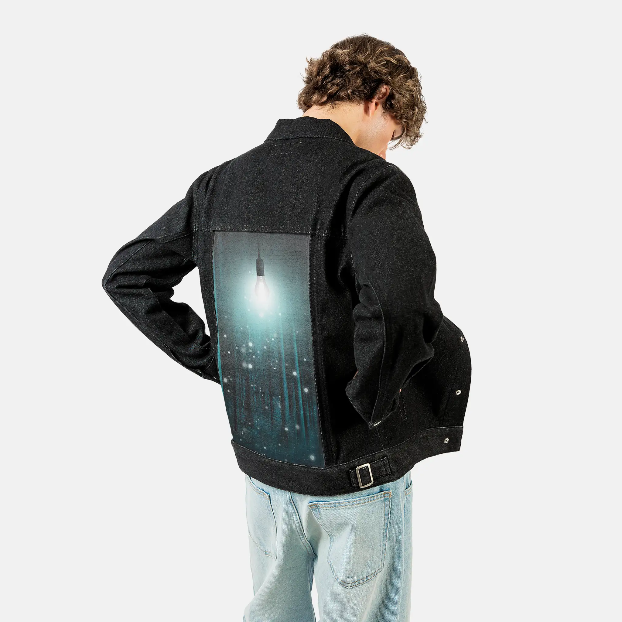 floatinglight patch on male og denim jacket in raven