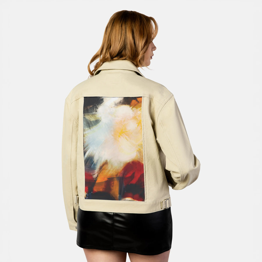 floradiffusion patch on female atelier canvas jacket in tan