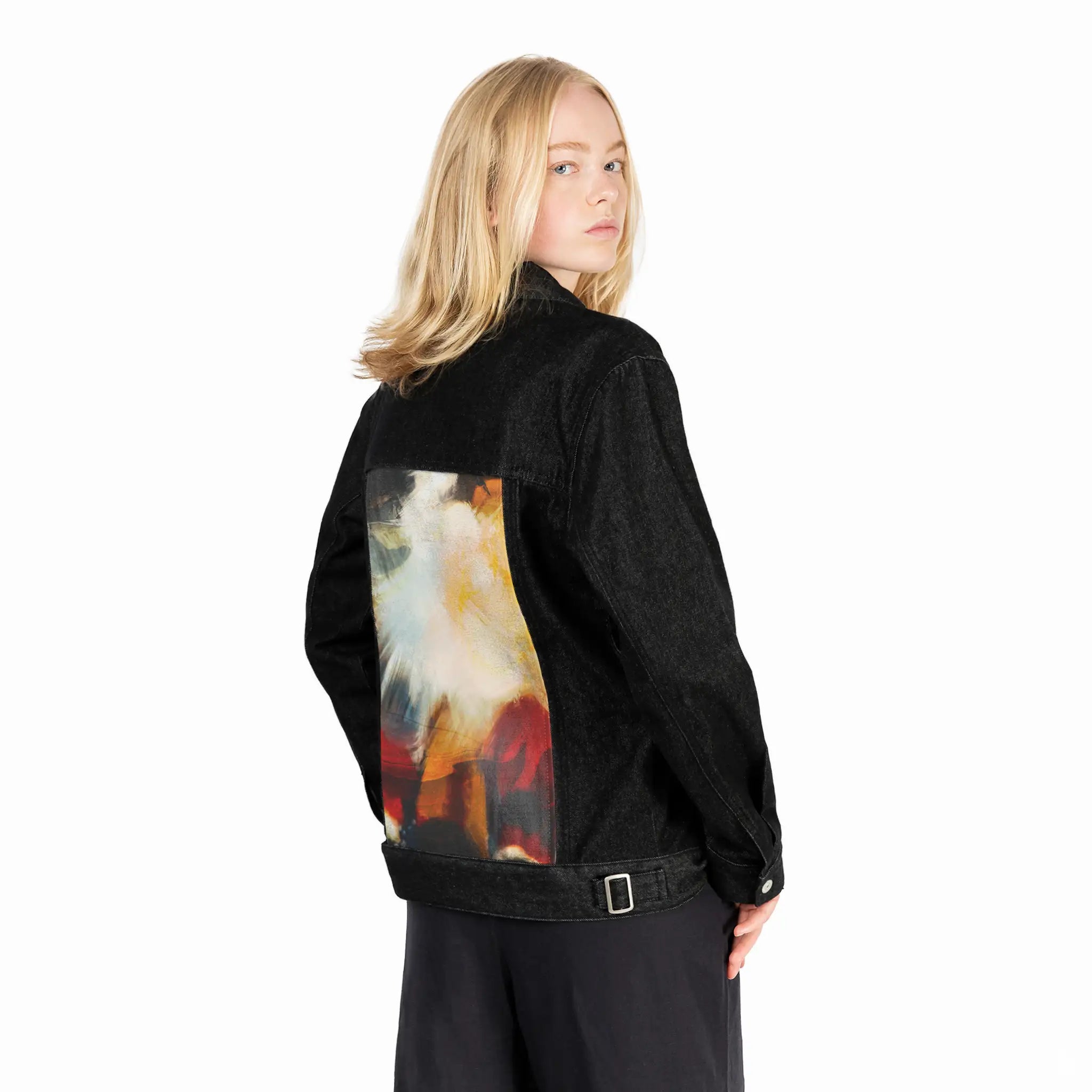 floradiffusion patch on female og denim jacket in raven