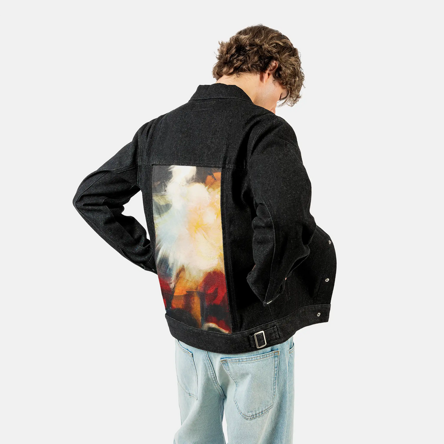 floradiffusion patch on male og denim jacket in raven