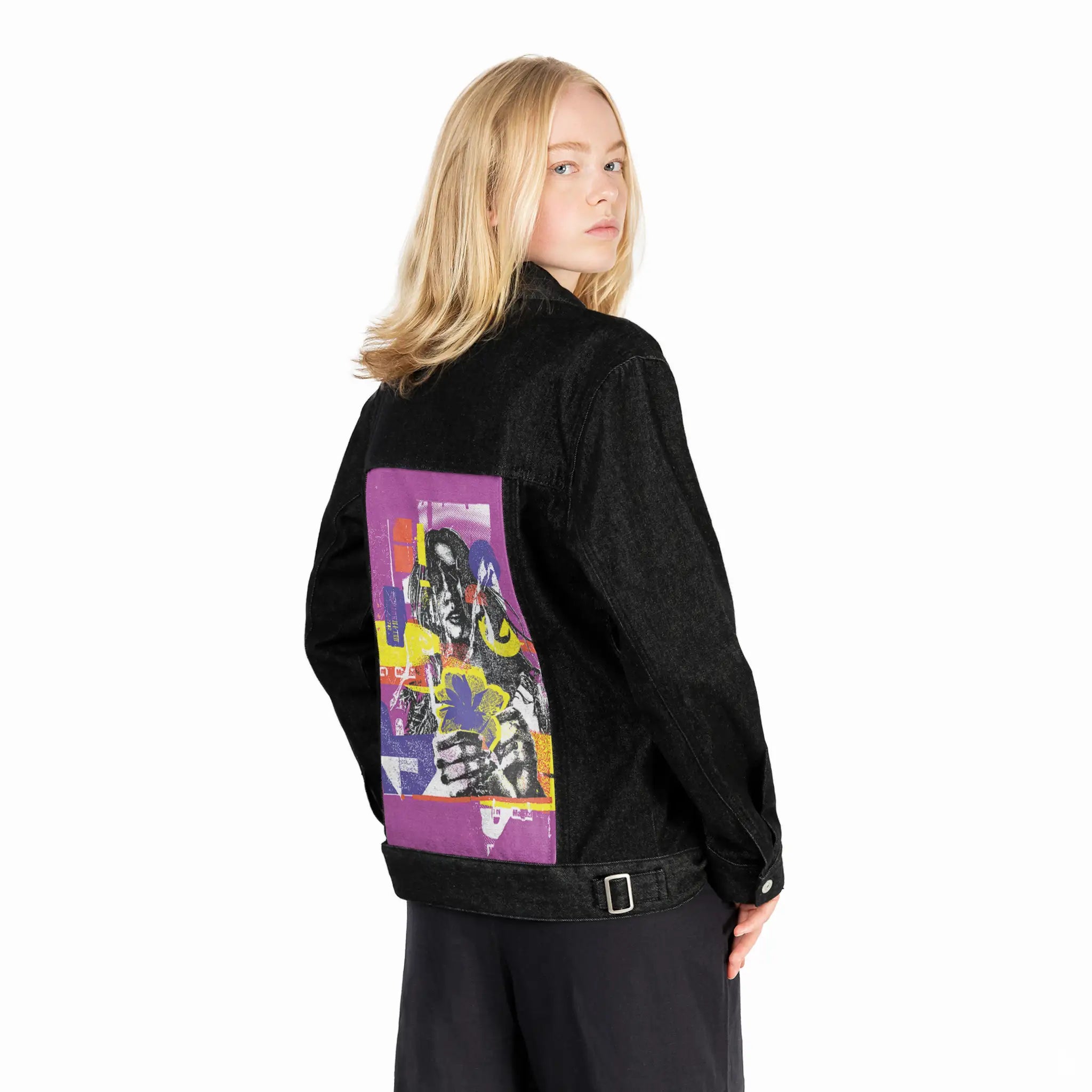 flowergirl patch on female og denim jacket in raven