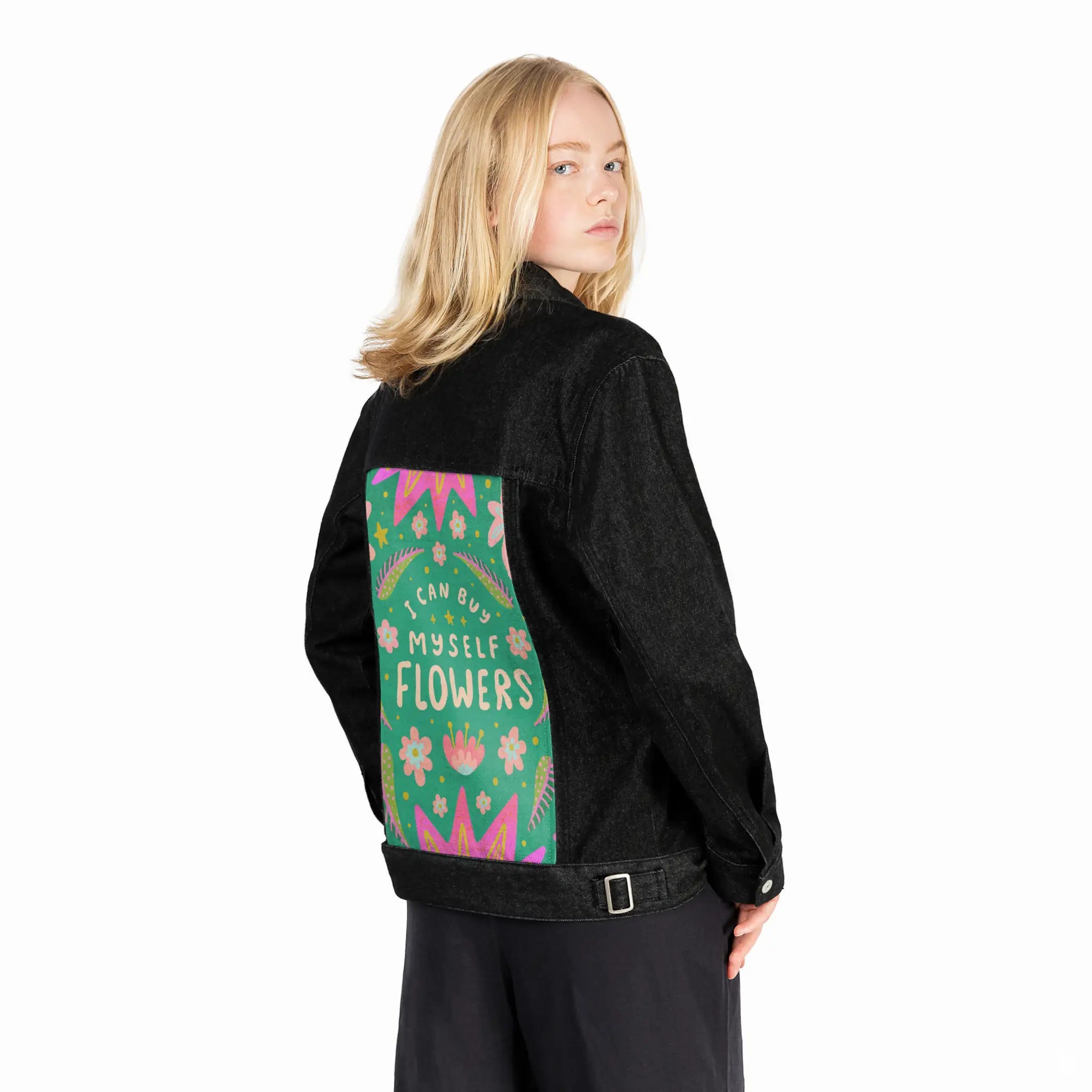 flowersforme patch on female og denim jacket in raven