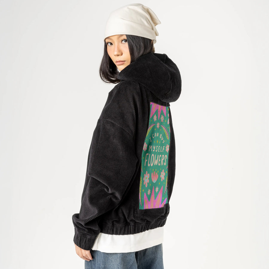 flowersforme patch on female retro cord hoodie in onyx