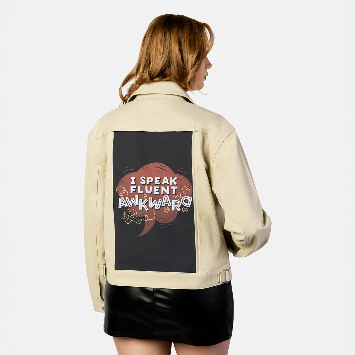 fluentlyawkward patch on female atelier canvas jacket in tan