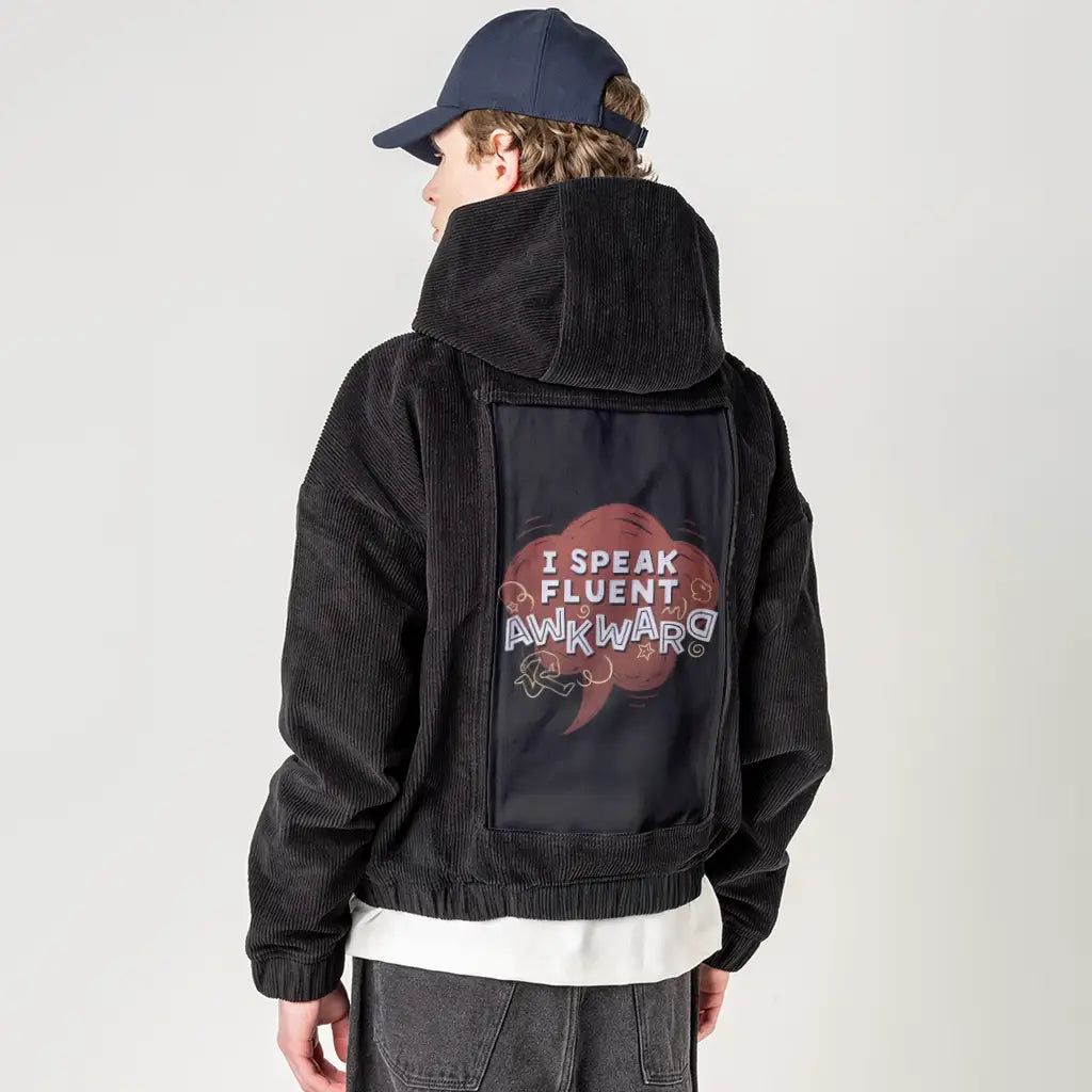 fluentlyawkward patch on male retro cord hoodie in onyx