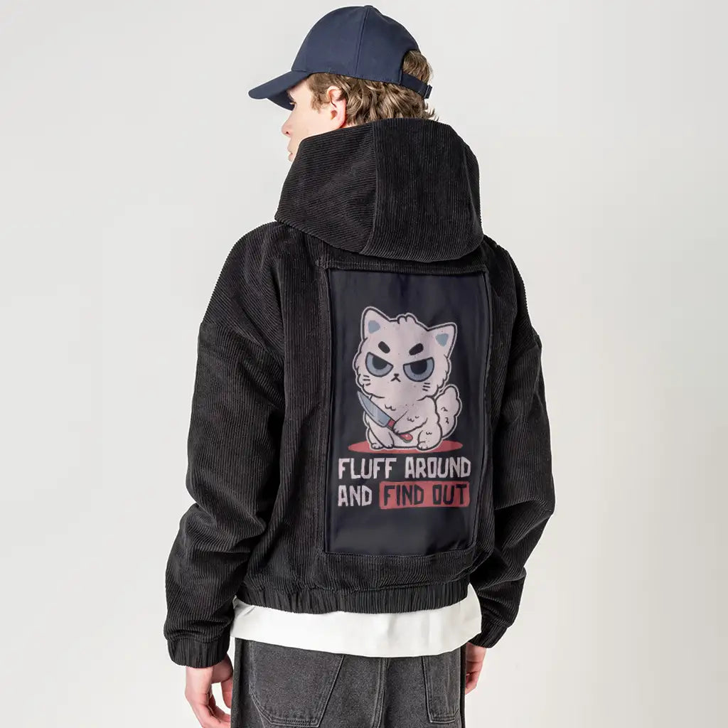fluffaround patch on male retro cord hoodie in onyx