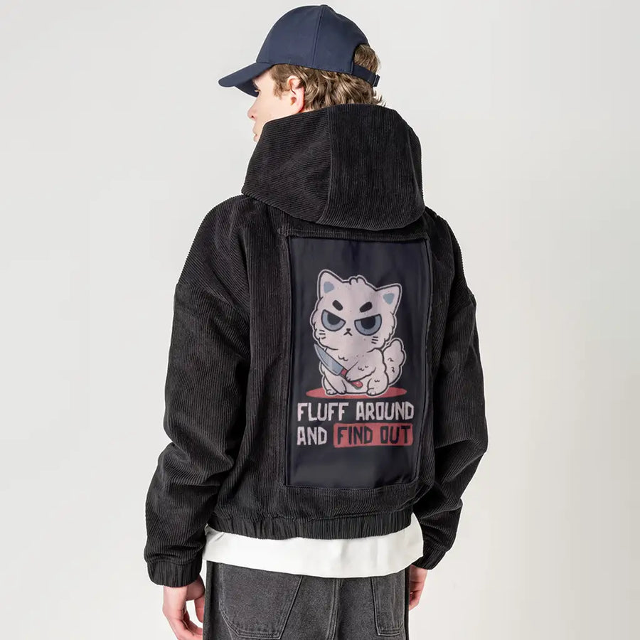 fluffaround patch on male retro cord hoodie in onyx