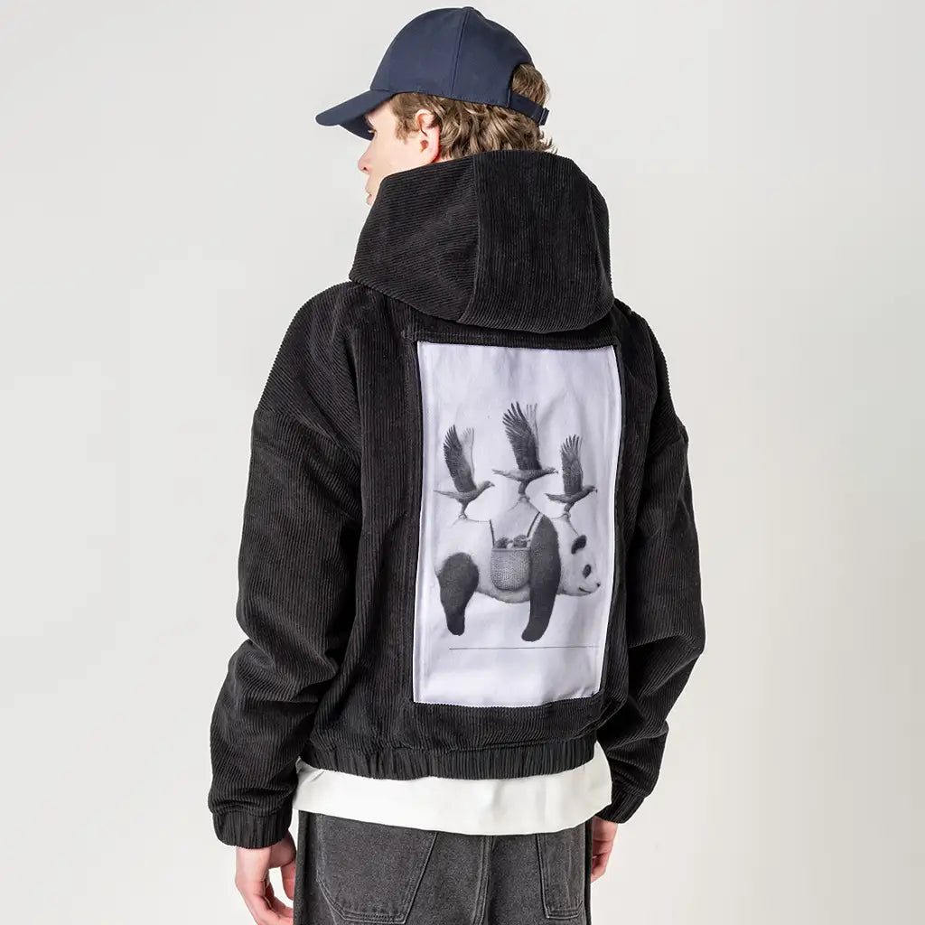 flyingpanda patch on male retro cord hoodie in onyx
