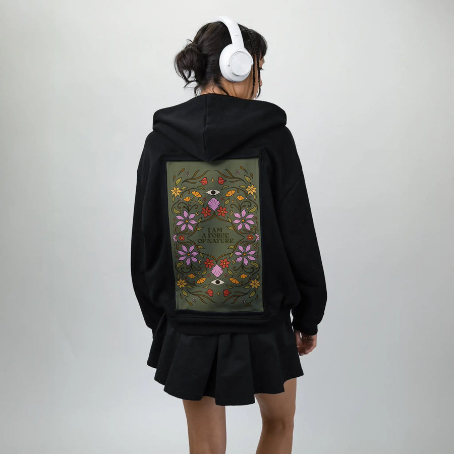 forceofnature patch on female essential zip hoodie in after hours
