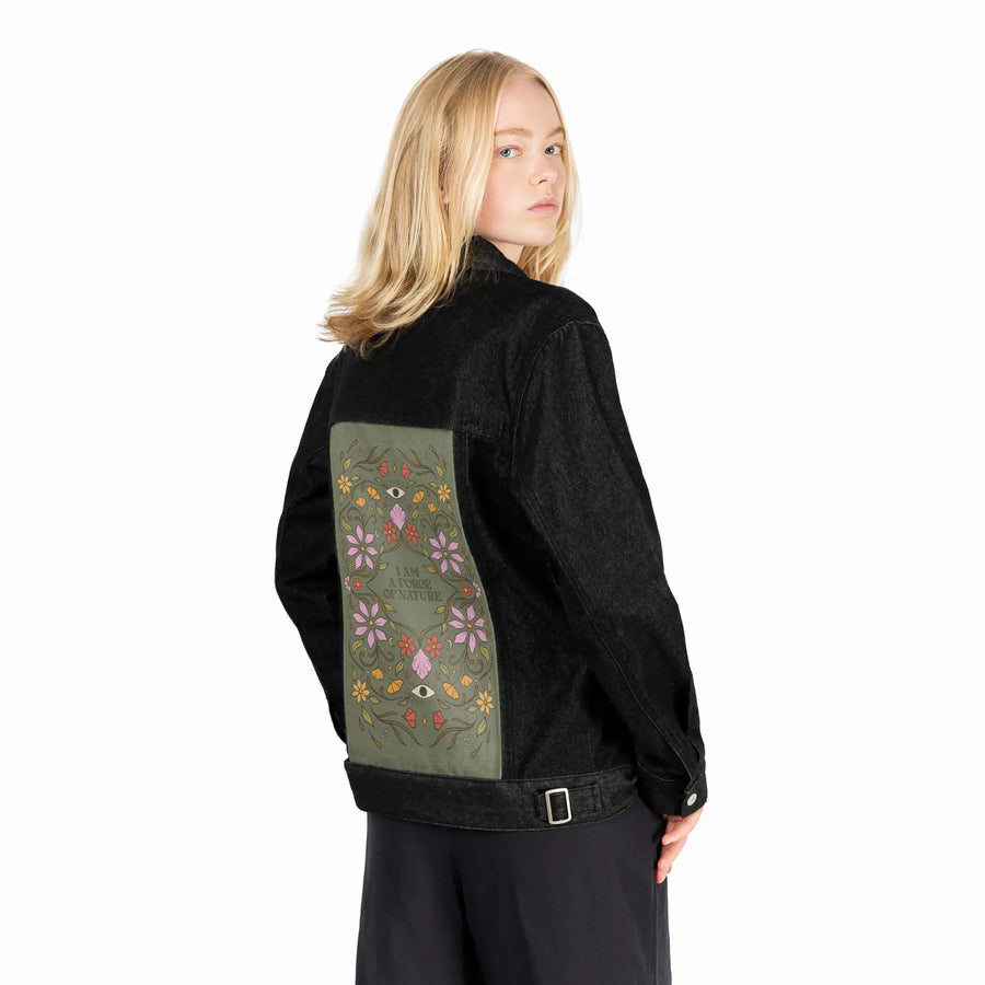 forceofnature patch on female og denim jacket in raven