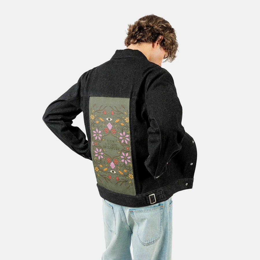 forceofnature patch on male og denim jacket in raven