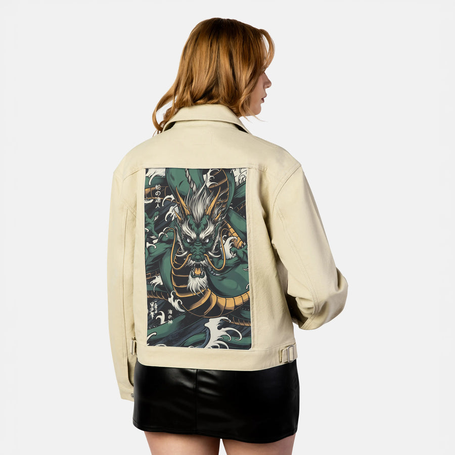 forestryujin patch on female atelier canvas jacket in tan
