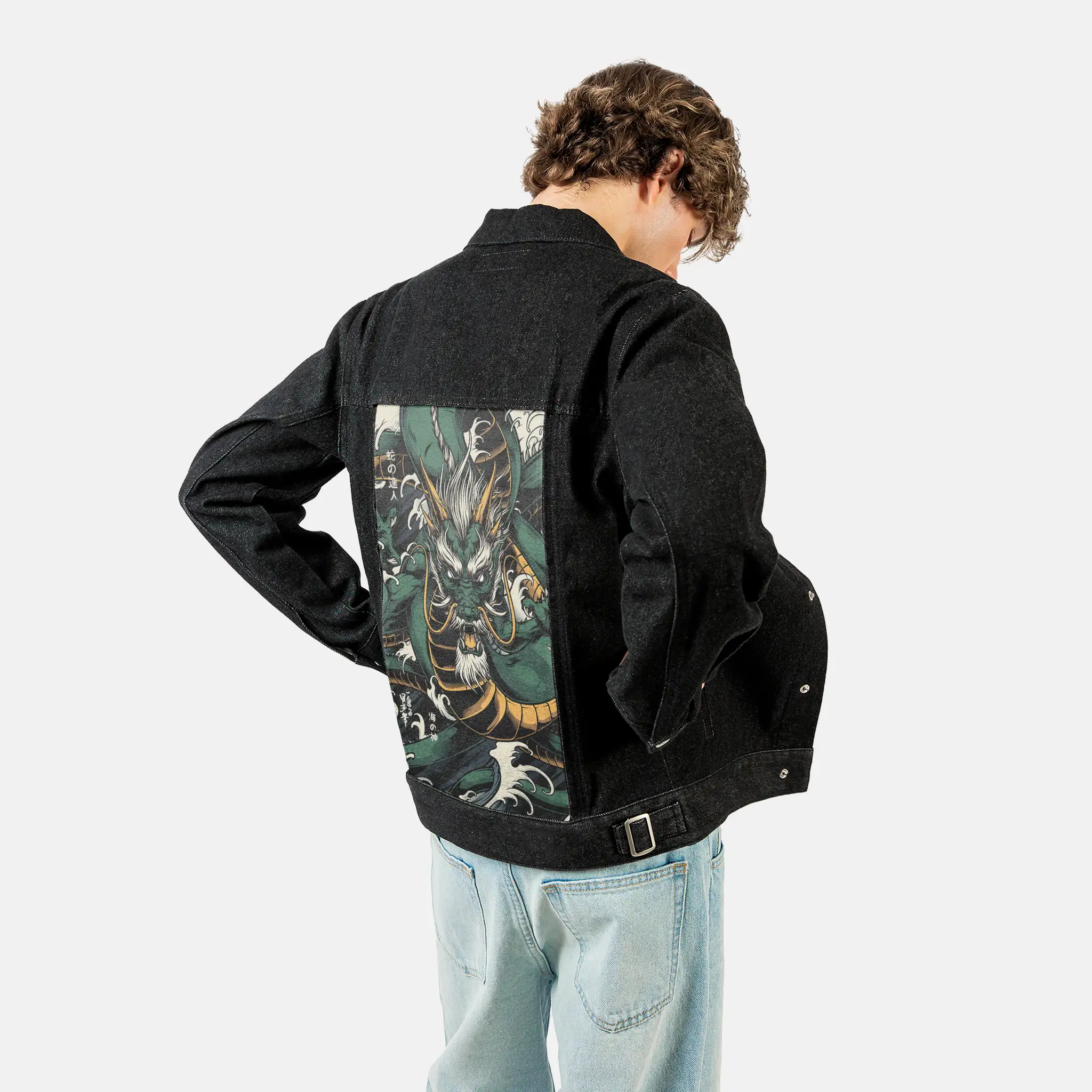 forestryujin patch on male og denim jacket in raven