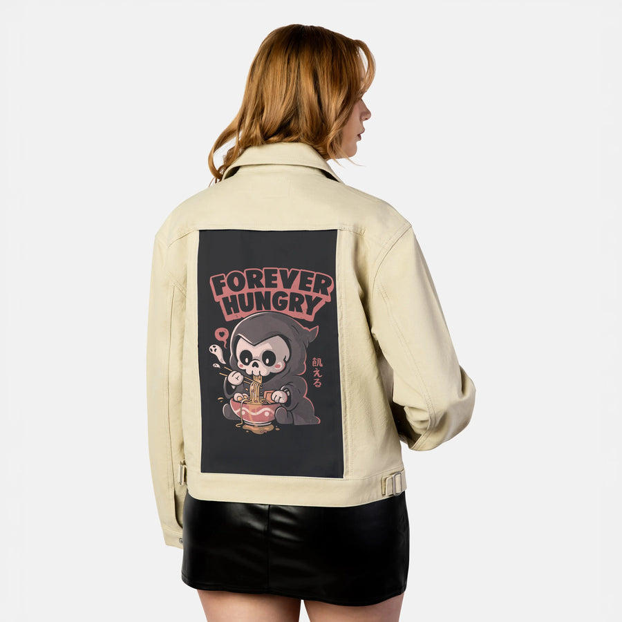 foreverhungry patch on female atelier canvas jacket in tan