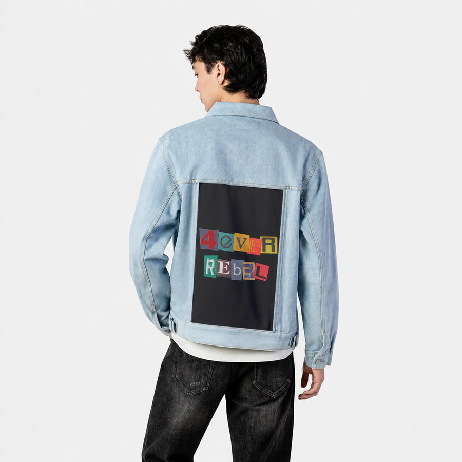 foreverrebel patch on male og denim jacket in oceanside