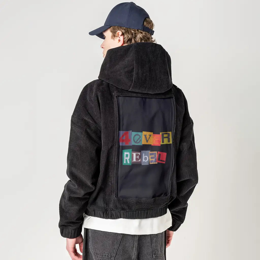 foreverrebel patch on male retro cord hoodie in onyx