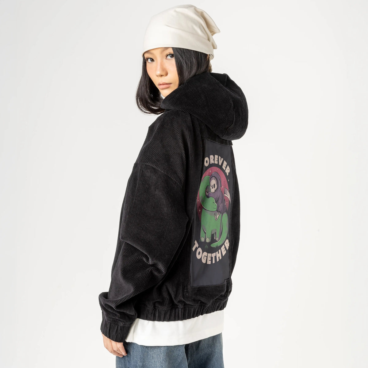 forevertogether patch on female retro cord hoodie in onyx