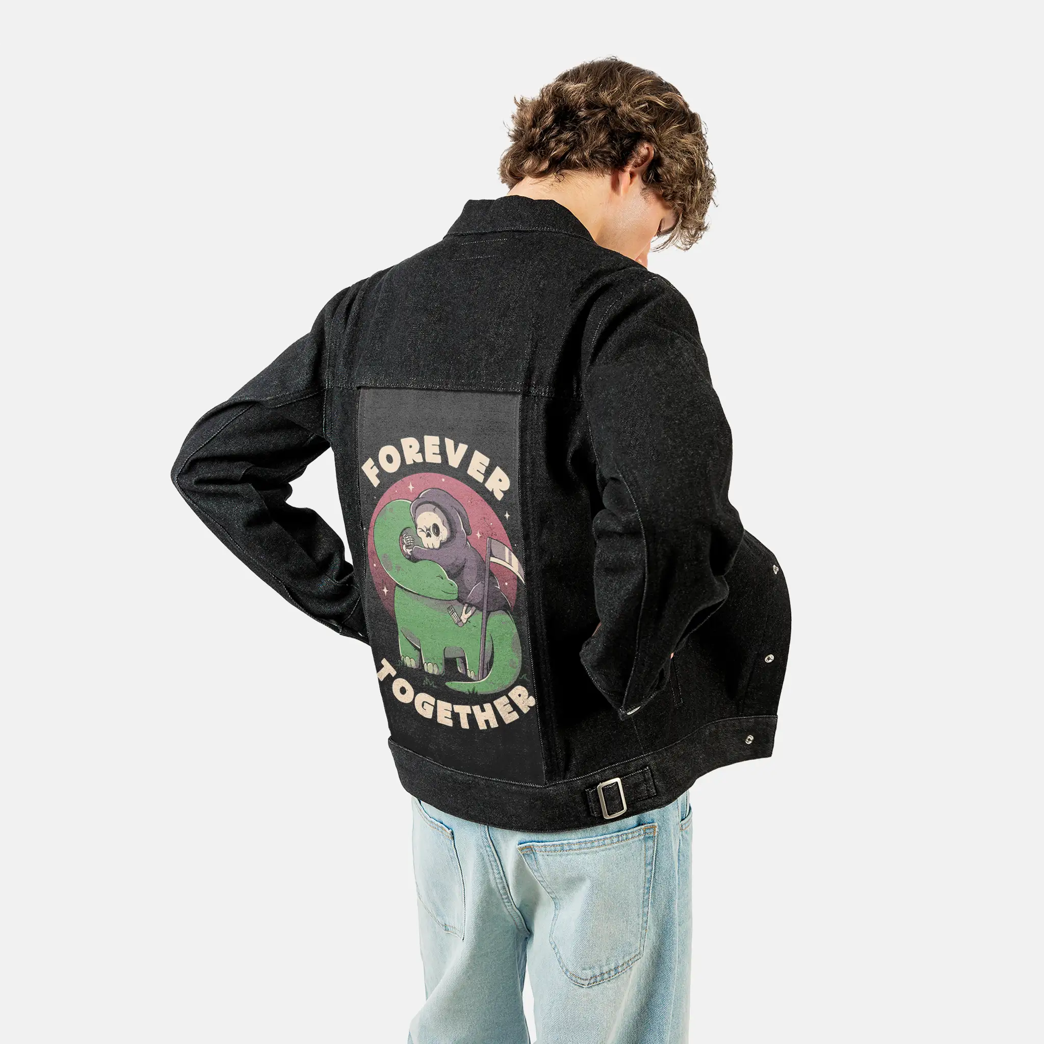 forevertogether patch on male og denim jacket in raven