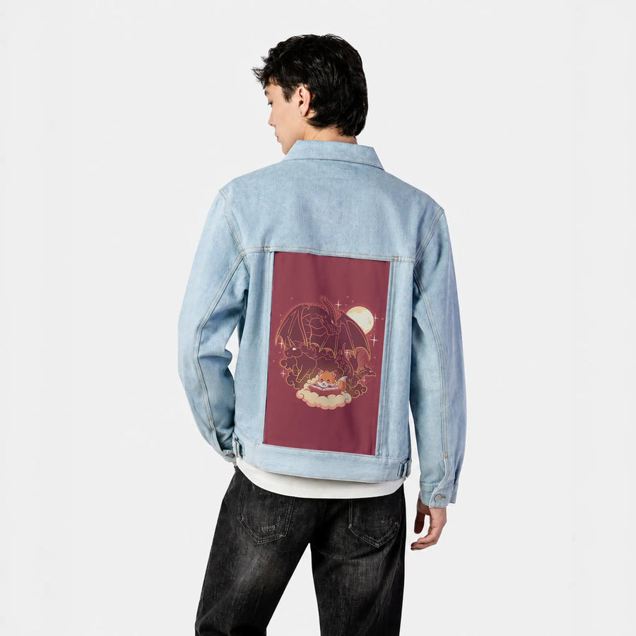 foxfantasy patch on male og denim jacket in oceanside
