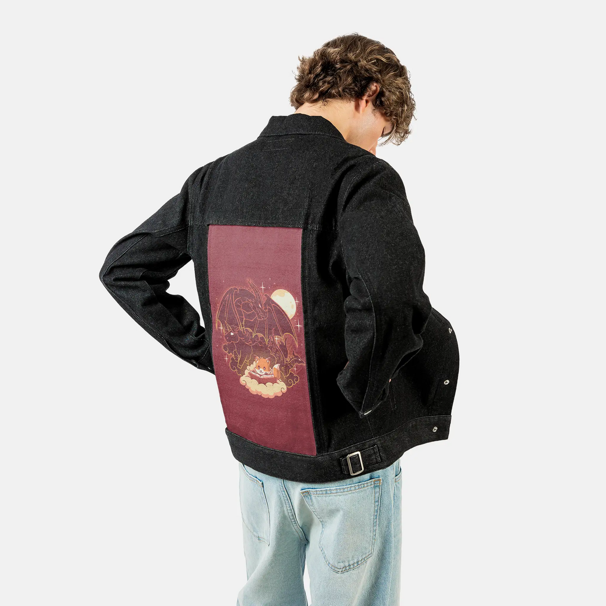 foxfantasy patch on male og denim jacket in raven