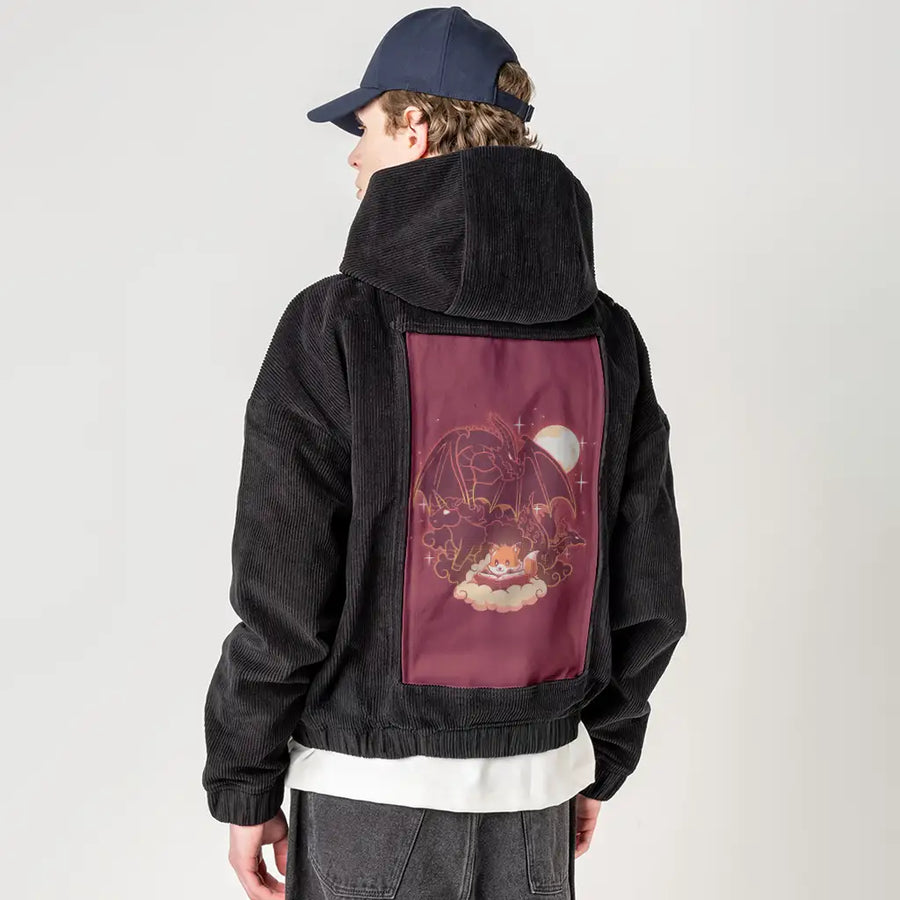 foxfantasy patch on male retro cord hoodie in onyx