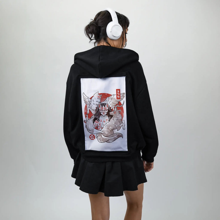 foxyokai patch on female essential zip hoodie in after hours