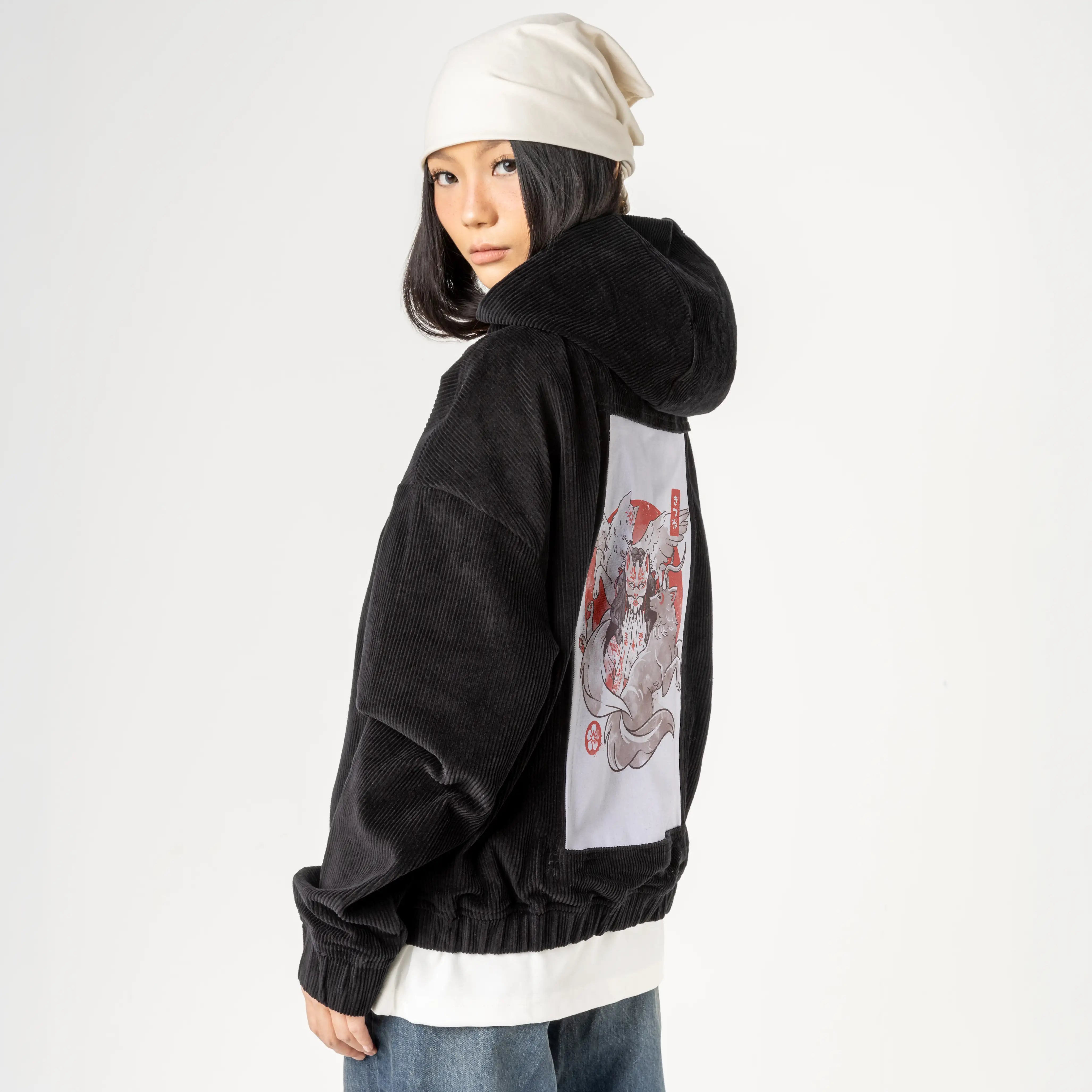 foxyokai patch on female retro cord hoodie in onyx