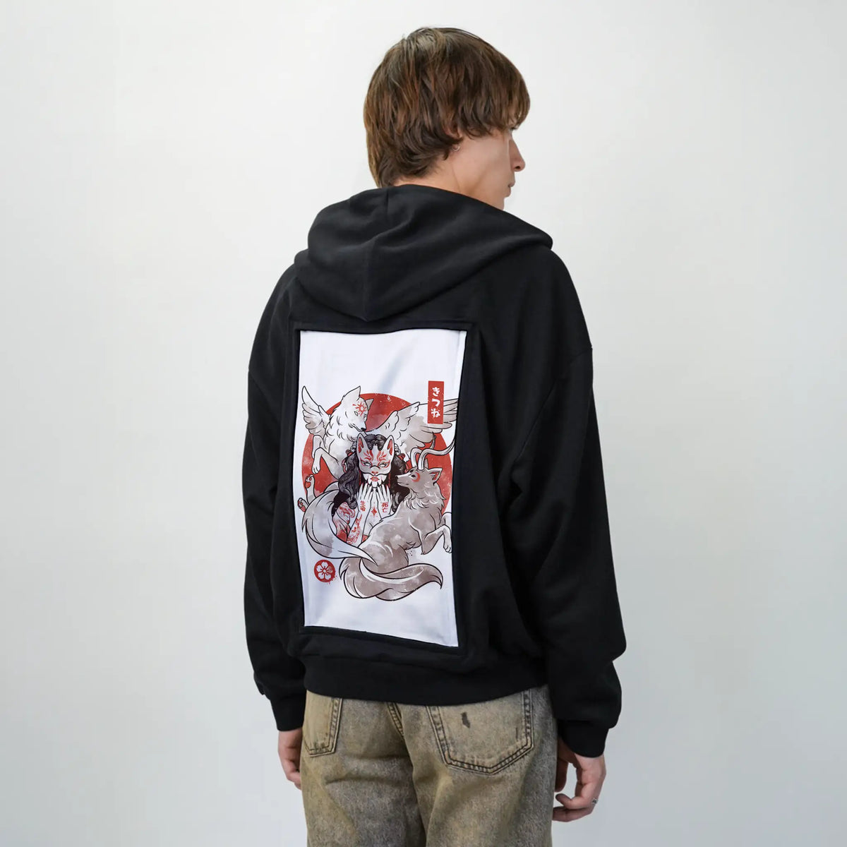 foxyokai patch on male essential zip hoodie in after hours