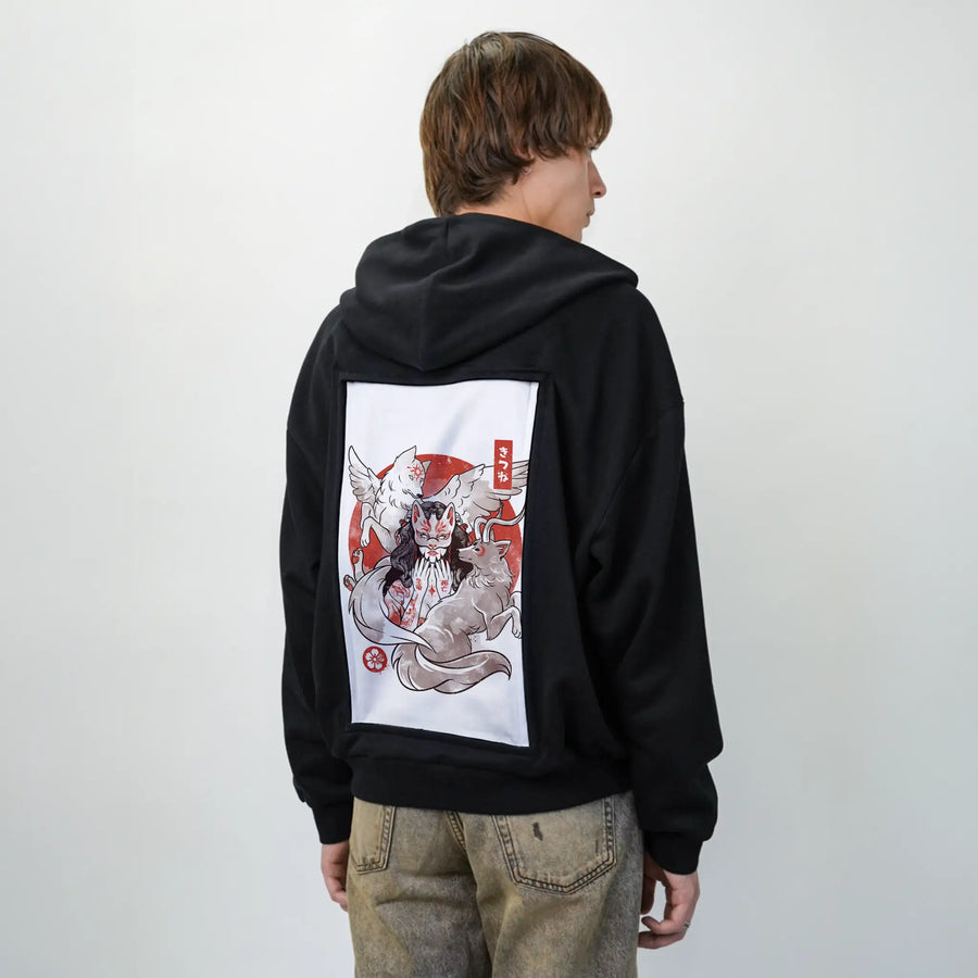 foxyokai patch on male essential zip hoodie in after hours