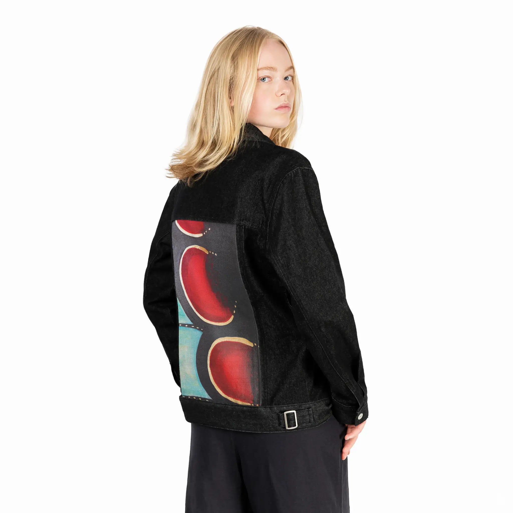 fragmentwing patch on female og denim jacket in raven