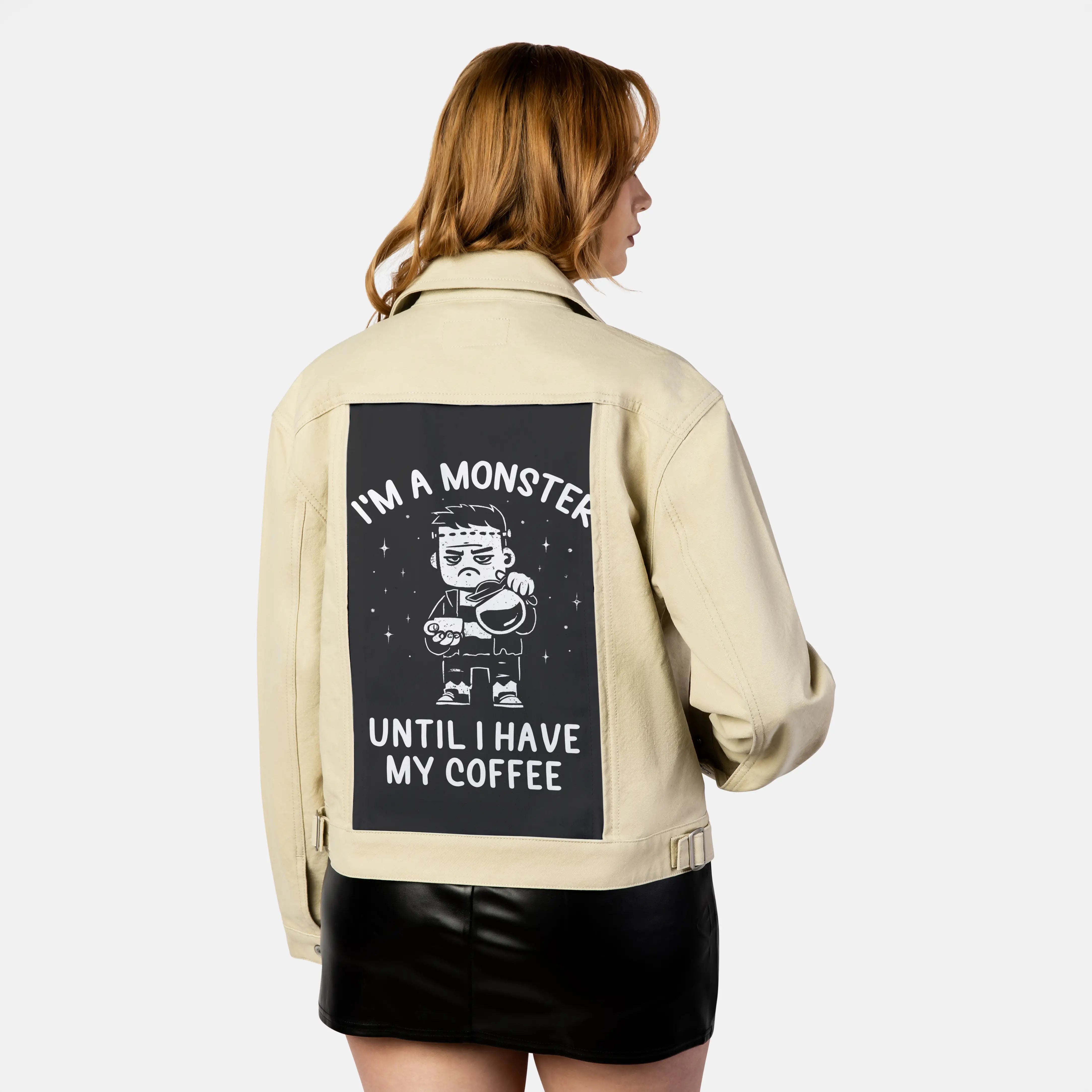 frankencoffee patch on female atelier canvas jacket in tan