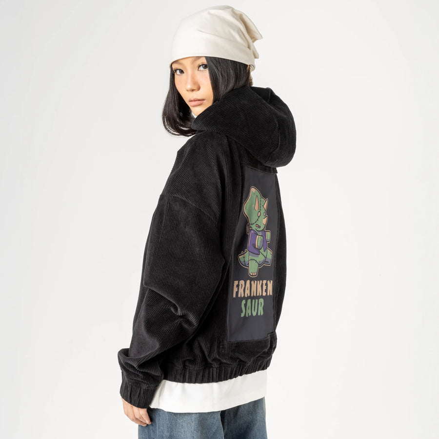 frankensaur patch on female retro cord hoodie in onyx